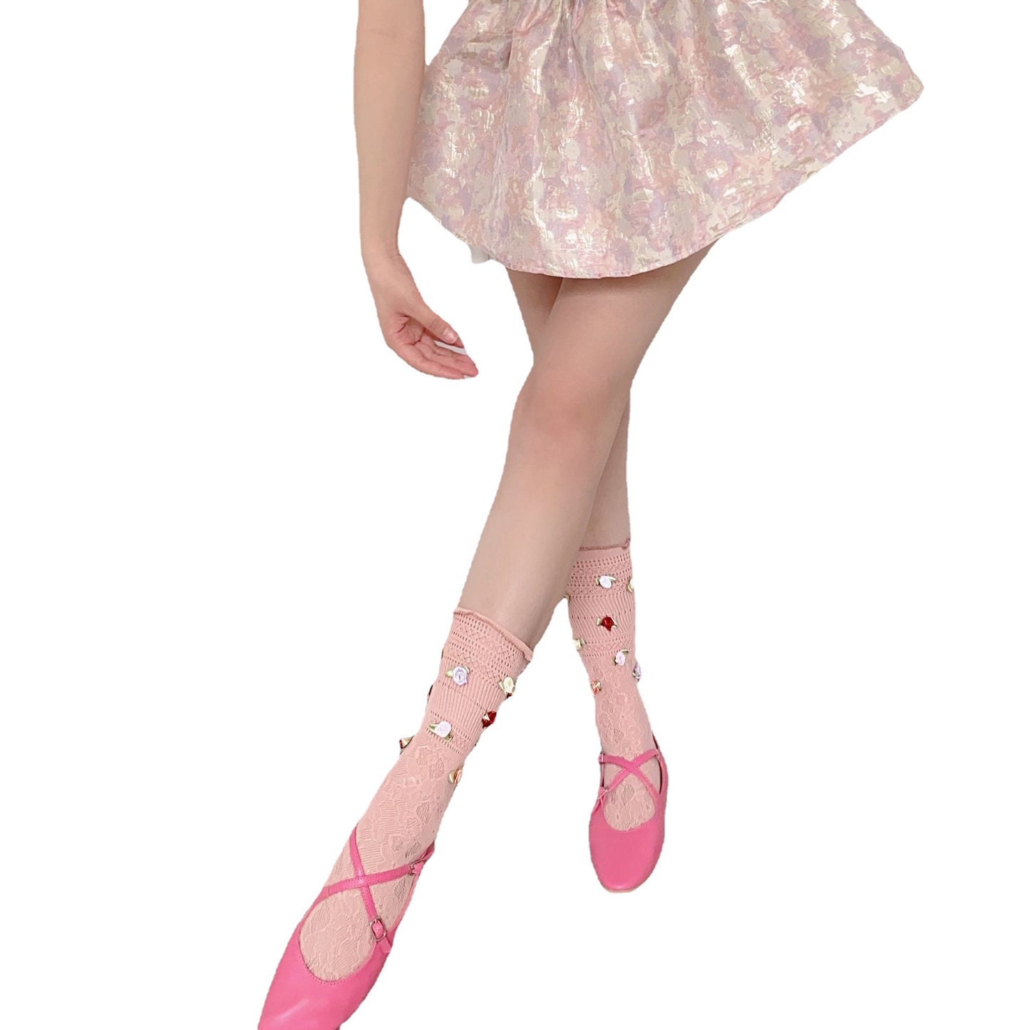 Escape Rose Cute Sweet Beautiful Flowers Puff Girl Breathable Mid-calf Length Loose Socks