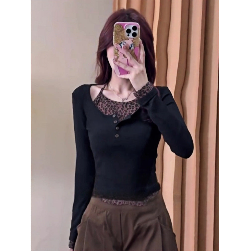 Womens Leopard-Print Patchwork Fake Two-Piece Long-Sleeve Top