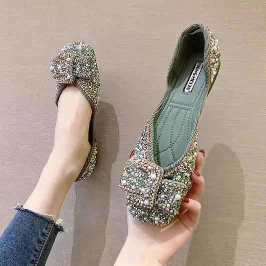 Pearl Rhinestone Shallow Mouth Square Toe Single  Flat Sole Women's Shoes