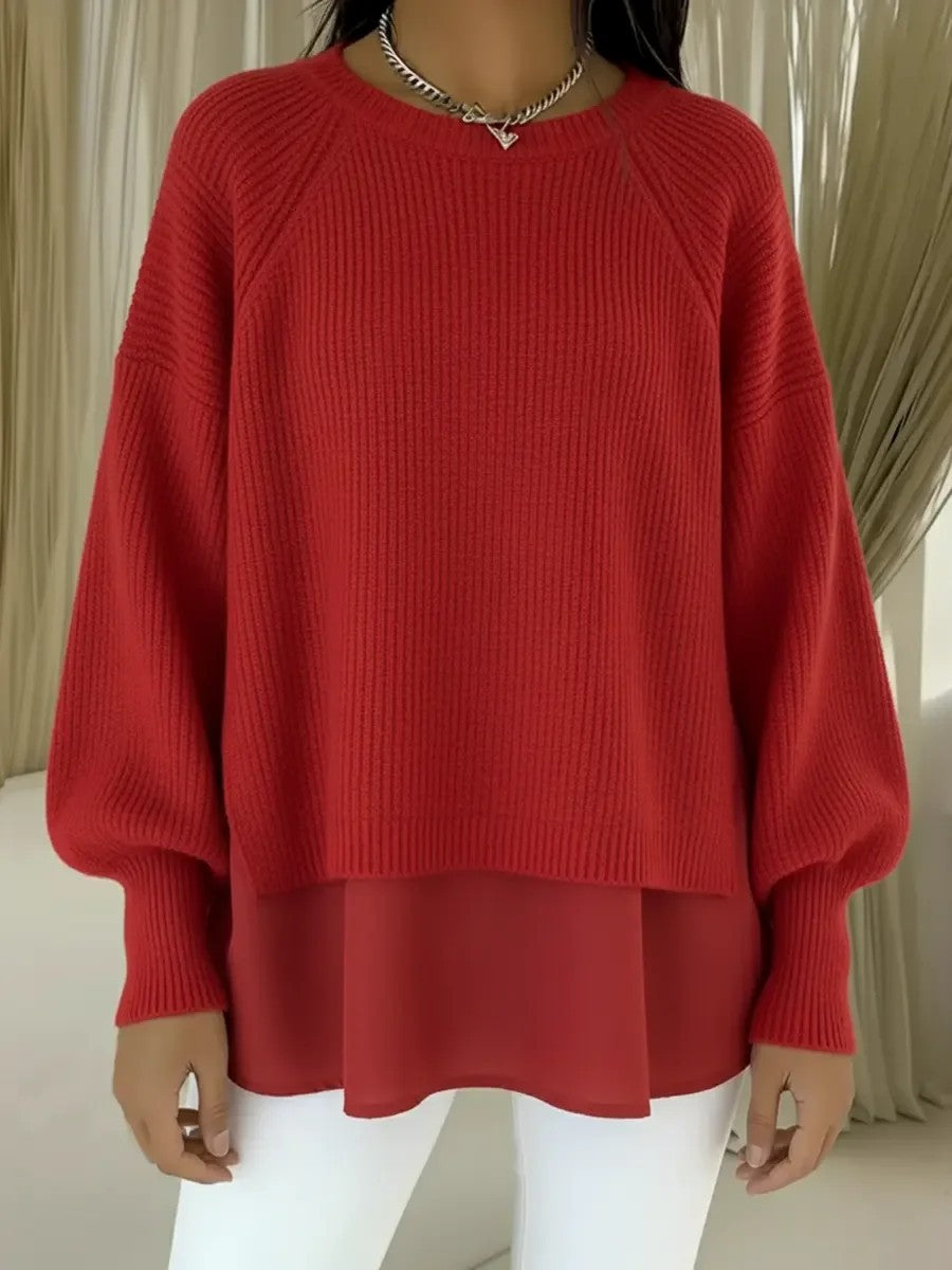 Ensfarvet afslappet crewneck-sweater med chiffonkant og pufærmer