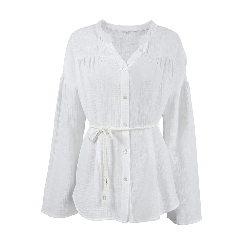 White Cotton Bubble Crepe Belt Small Stand Collar Shirt