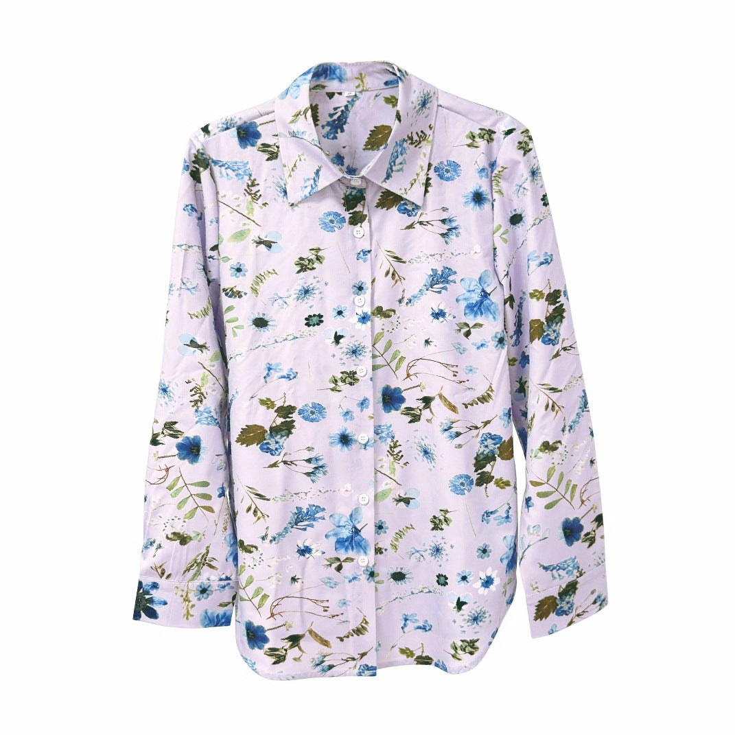 Elegant og moderigtig langærmet bluse med print til kvinder i Europa og Amerika