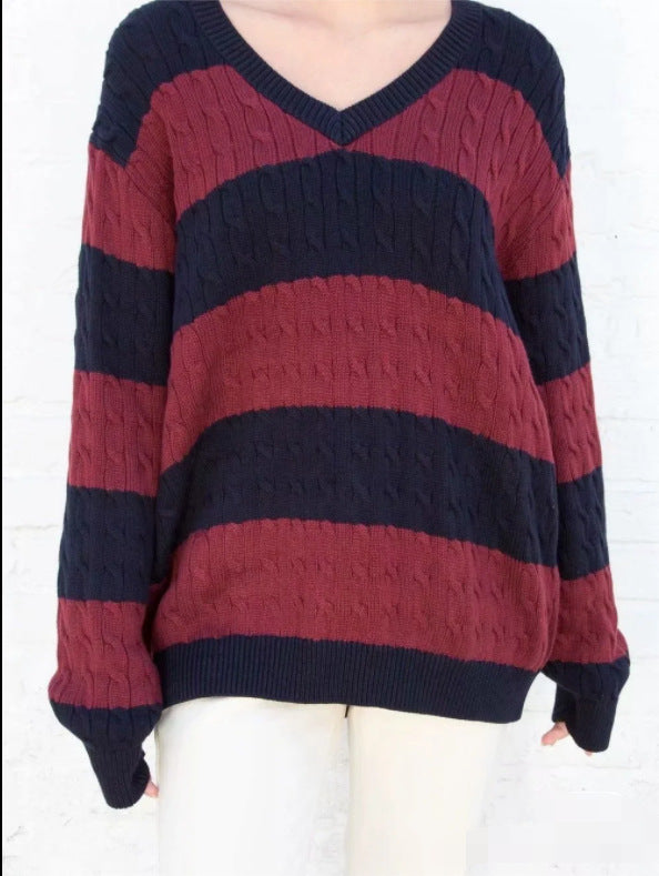 Striped Twist Sweater V-Neck Loose Knit Pullover