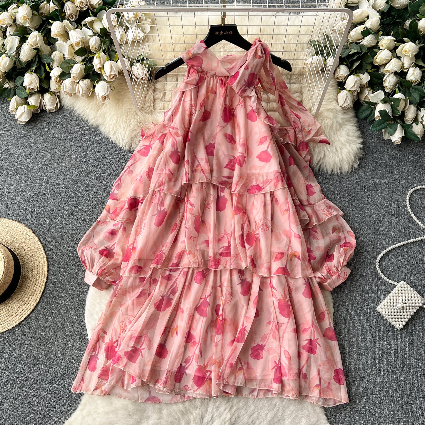 Rare Vacation-style Floral Chiffon Dress