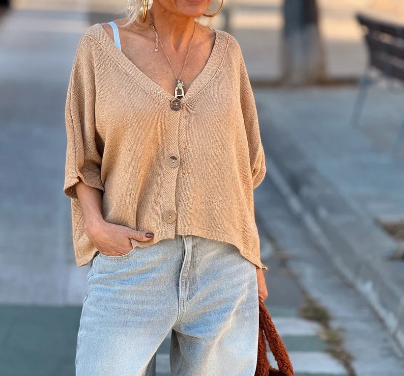 Europæisk og amerikansk løs afslappet strikket cardigan med V-hals og knapper til kvinder