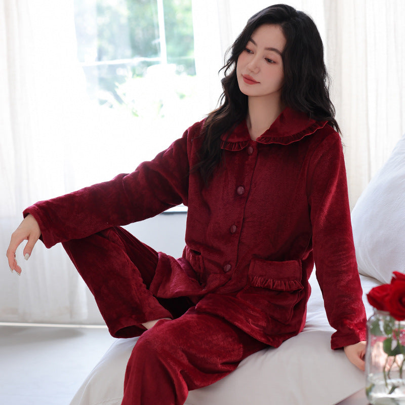 Womens Flannel Pajama Set With Thick Fleece Lining