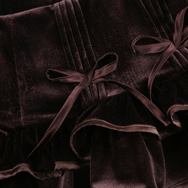European And American Retro Brown Bow Bandage High Waist Velvet Skirt