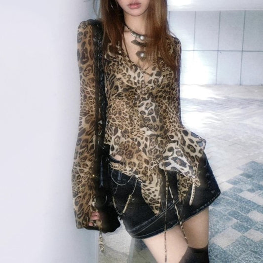Retro Street Babe Top leopardprint V-hals lange ærmer