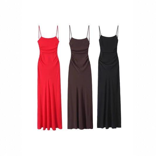 Elegant Round-neck Solid-color Dress With Ruffled Hem And Side Slit