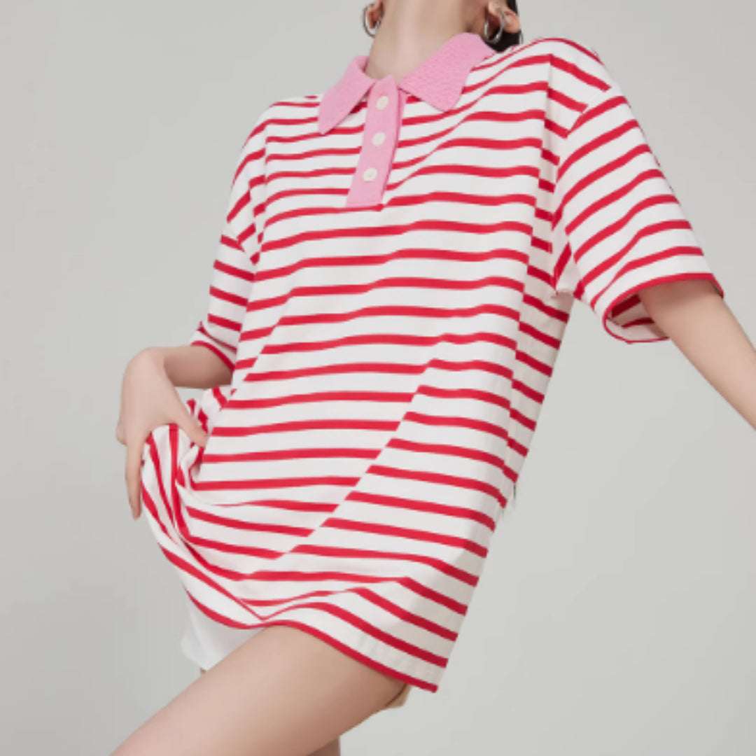 Dopamine  Striped Polo Knitted Top For Women