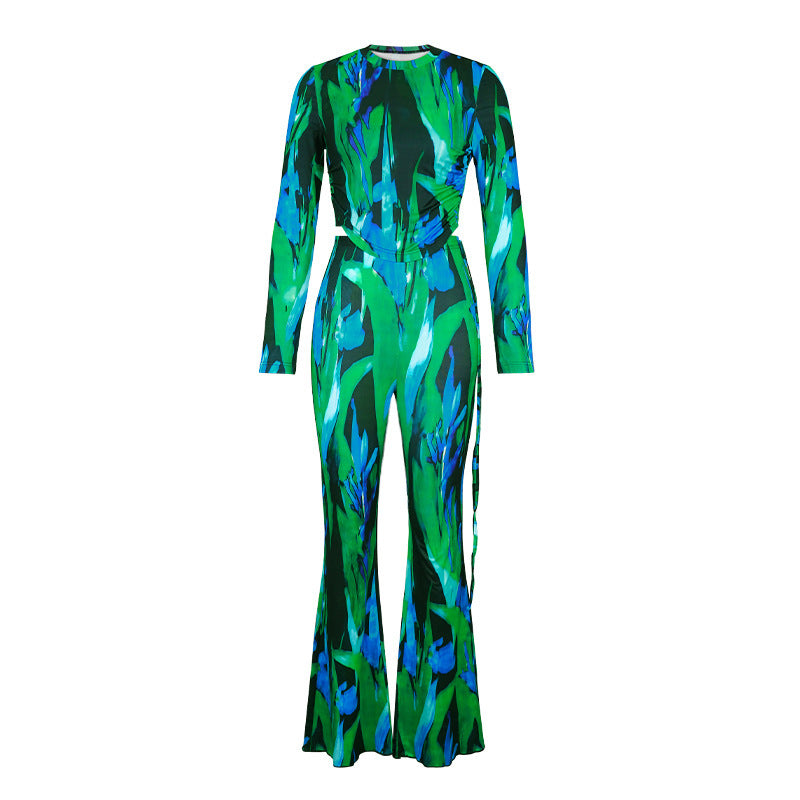 Printed Long Sleeve T-shirt And Wide-leg Pants Two-piece Set
