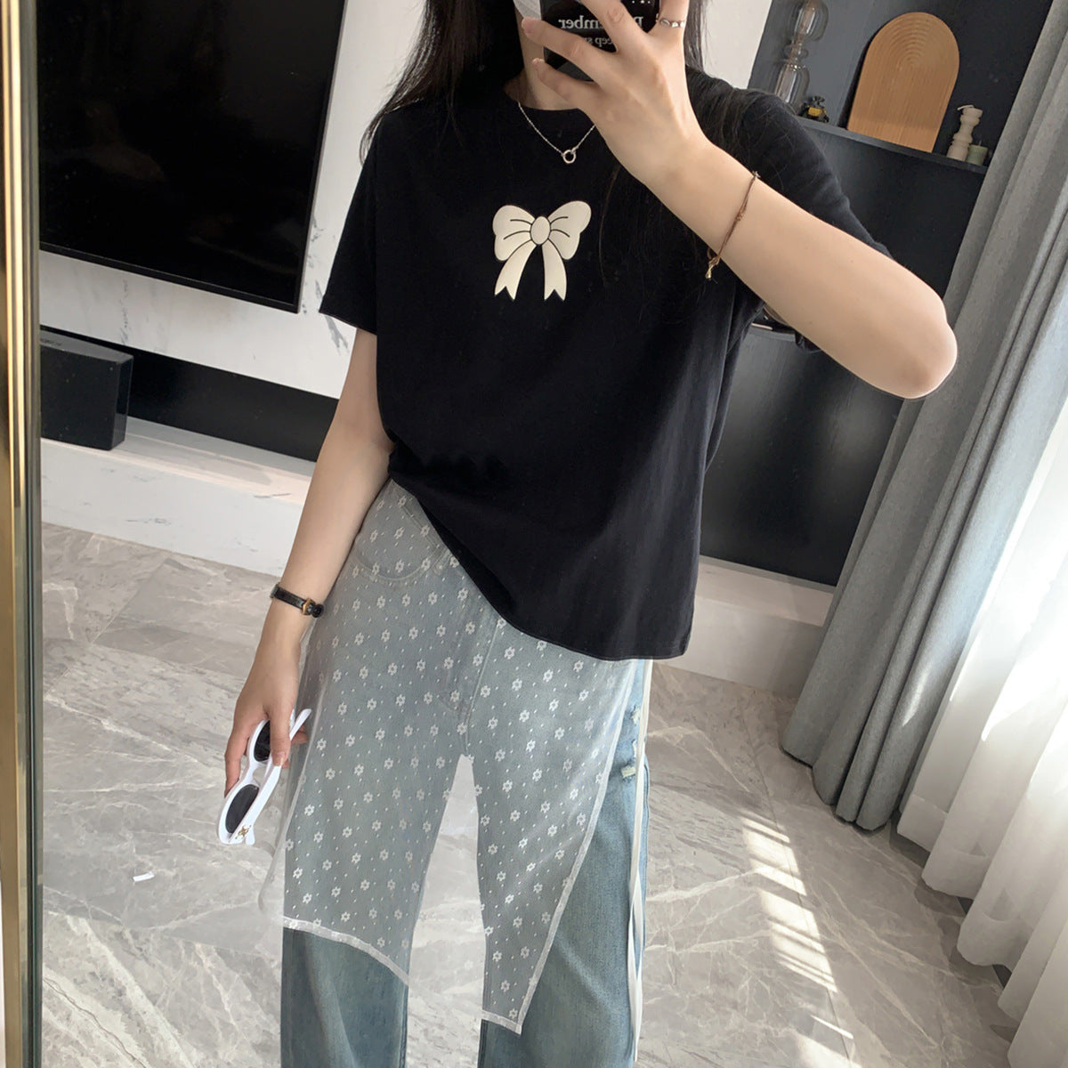 Spring Not Late Sweet Bow T-shirt Skulder