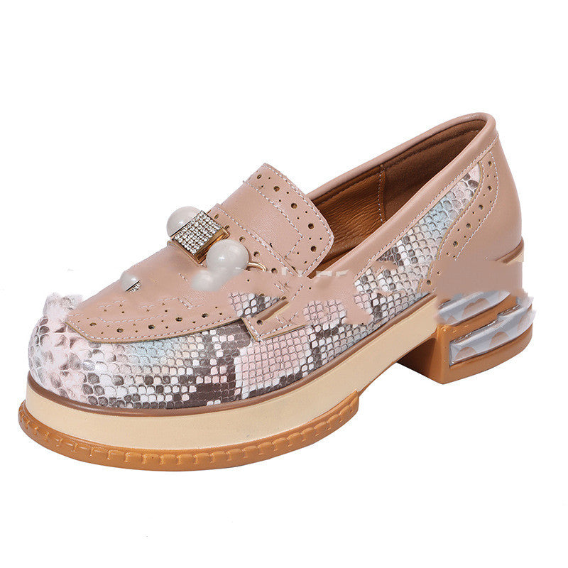 Low Heel Color Matching Pearl Plus Size Retro Round Toe Casual Shoes