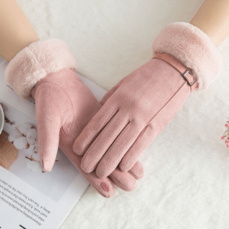 Suede warm gloves double layer plus velvet thick wind and cold riding touch screen gloves