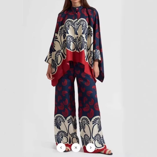 Printed Patchwork Peplum Shirt And Wide-Leg Pants Set