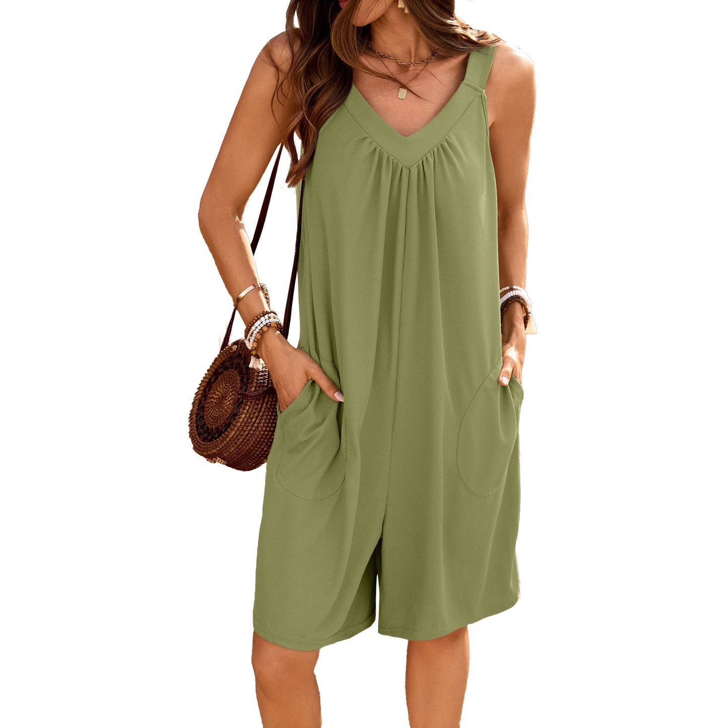 Solid-color V-neck Loose-fit Sleeveless Jumpsuit With Pockets