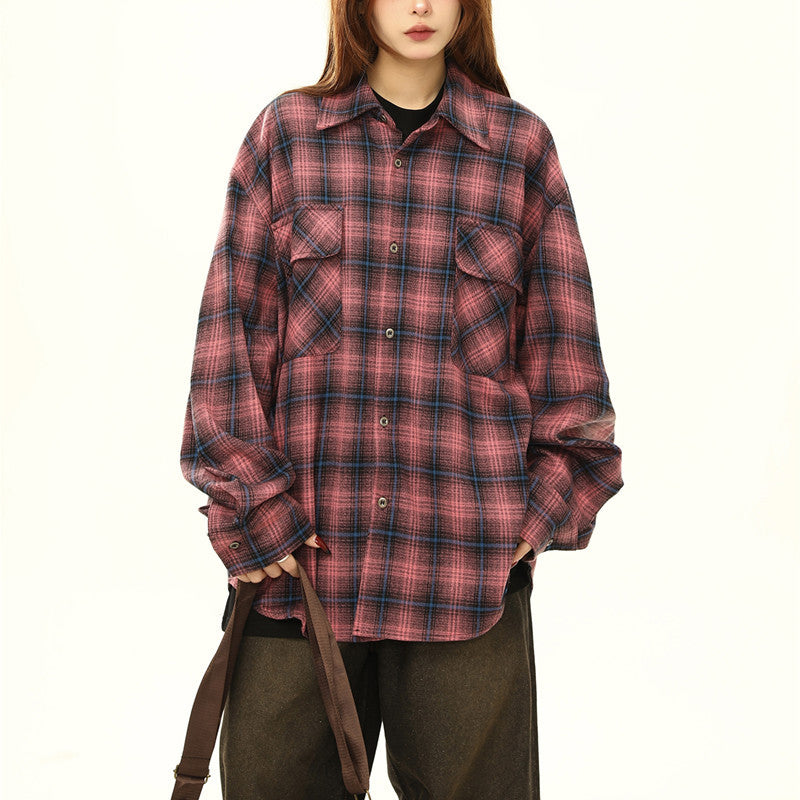 Womens Retro Ombre Lazy-Style Sophisticated Plaid Blouse