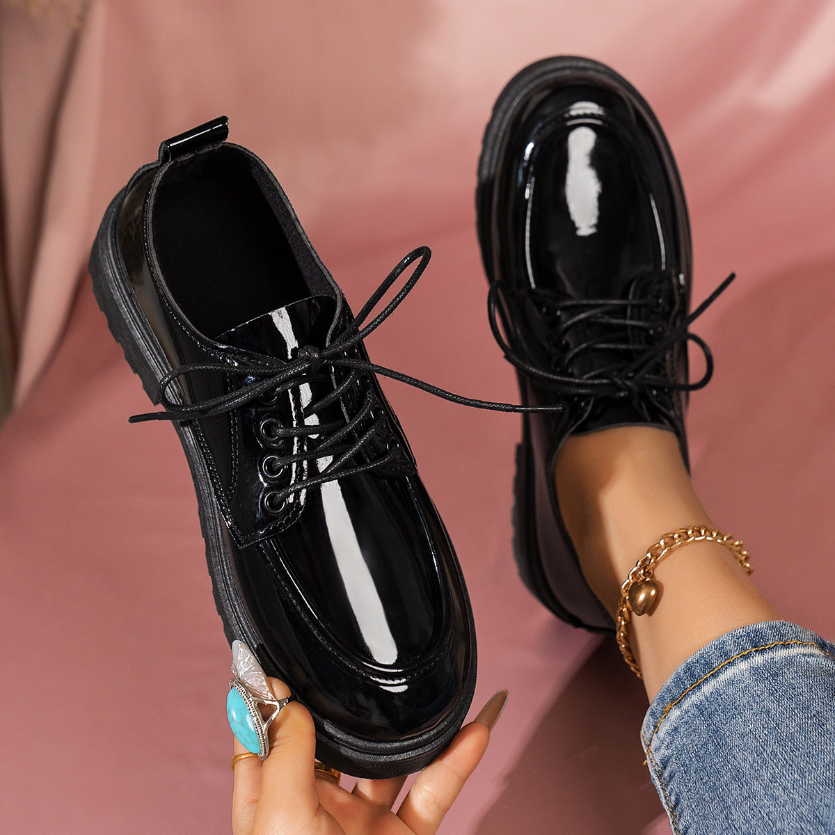 Retro Big Toe Lace-up Small Leather Shoes Women's Thick Sole Height Increasing