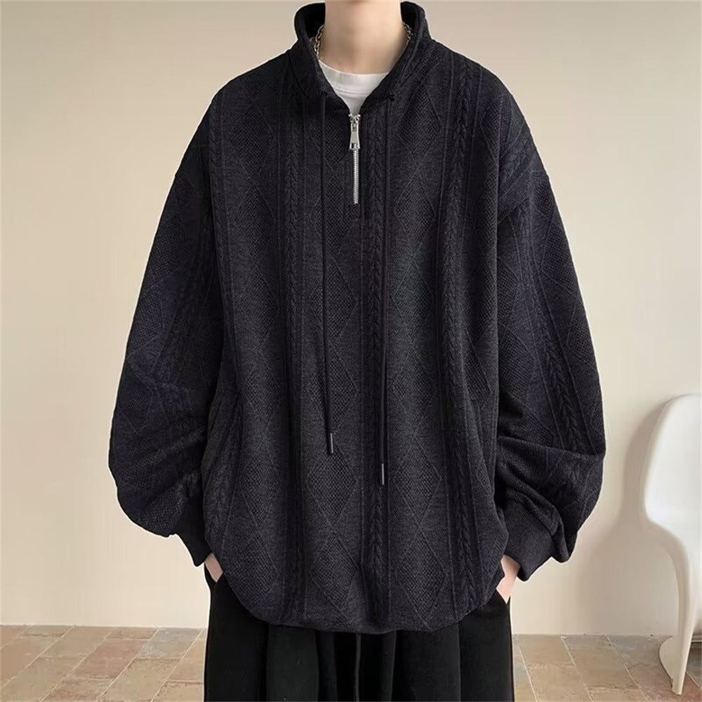 Half Zipper Creamy-white Jacquard Stand Collar Sweater