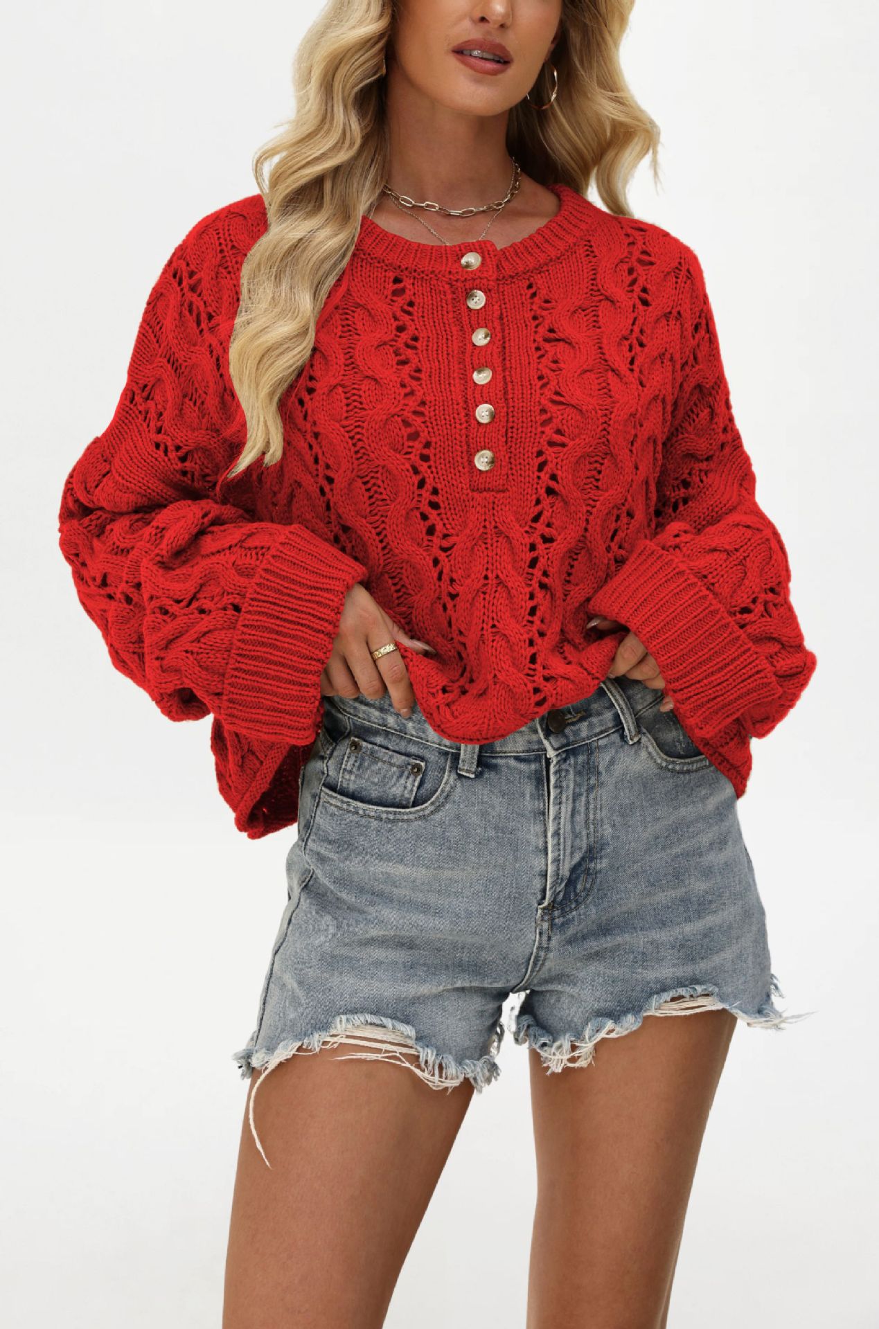 Loose Solid Color Pullover Short Knitted Button Sweater