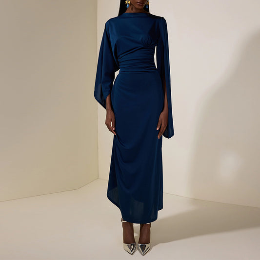 Round-neck Fitted-waist Blue Sheath Dress With An Elegant Fashionable Mid-length Design