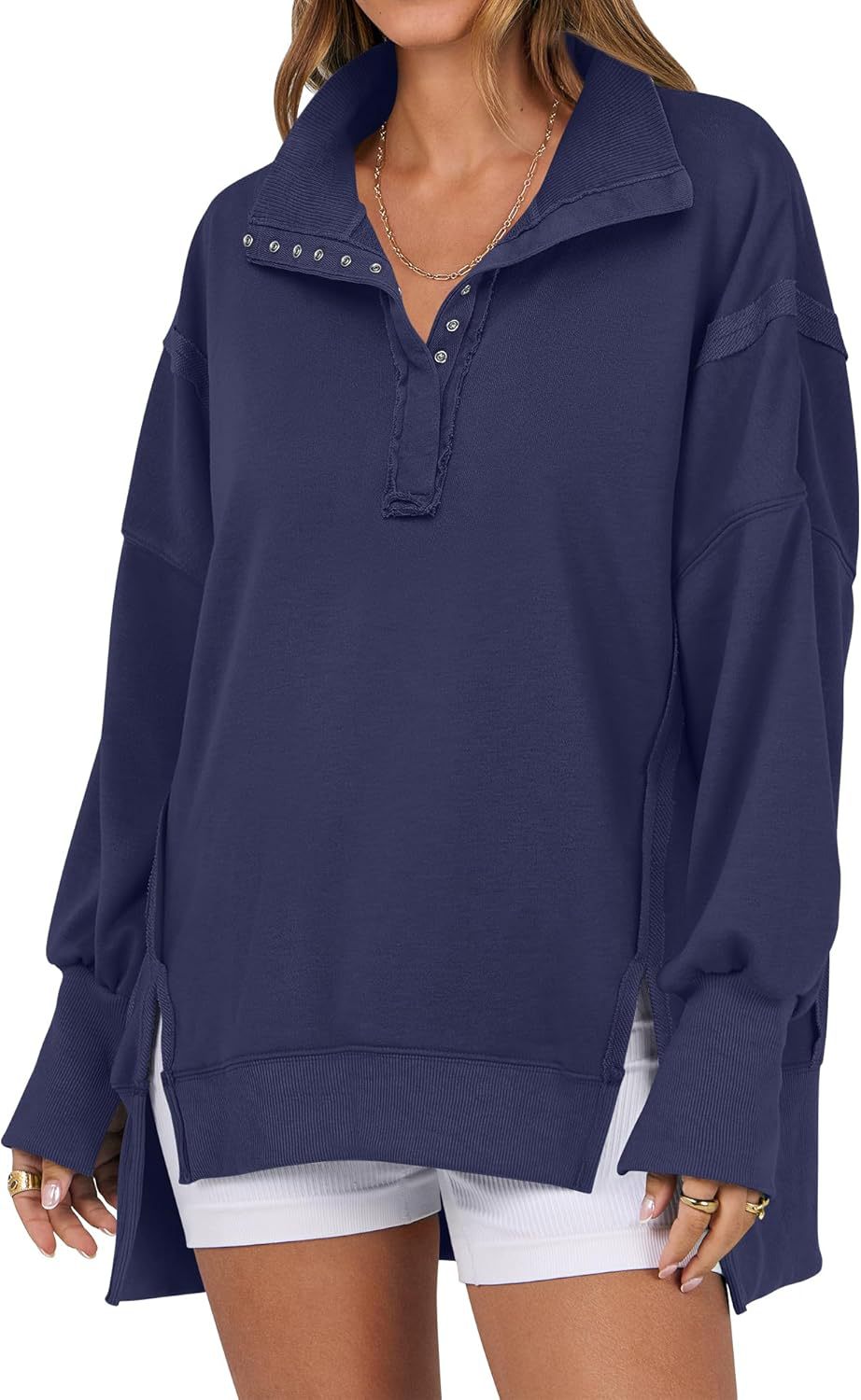Decorative Moulding Design Blouse Split Lantern Sleeve Polo Collar Sweatshirt