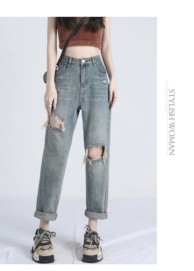 Ripped Daddy Jeans For Women Spring And Autumn New High Waist Loose Small