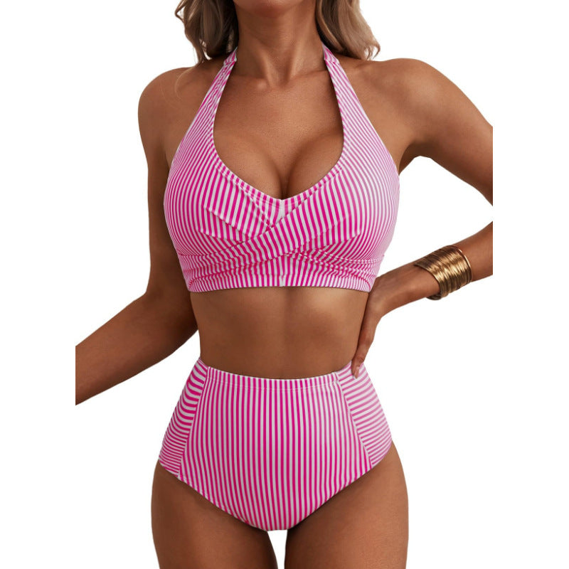 Neck-tie Pocket Swimsuit Striped Swimsuit For The Beach