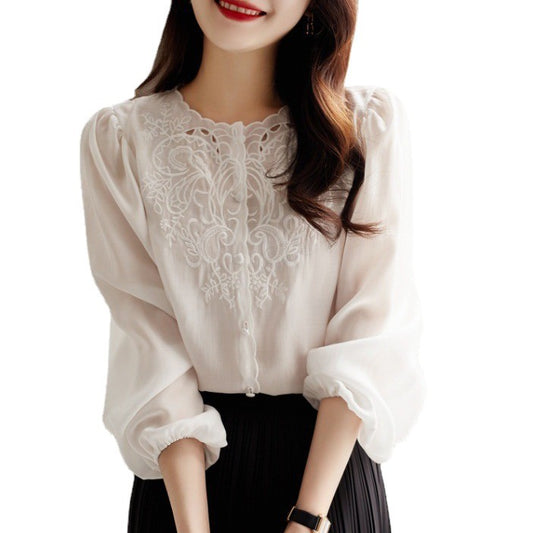 Elegant Style Round Neck Long Sleeve Shirt Lantern Sleeve