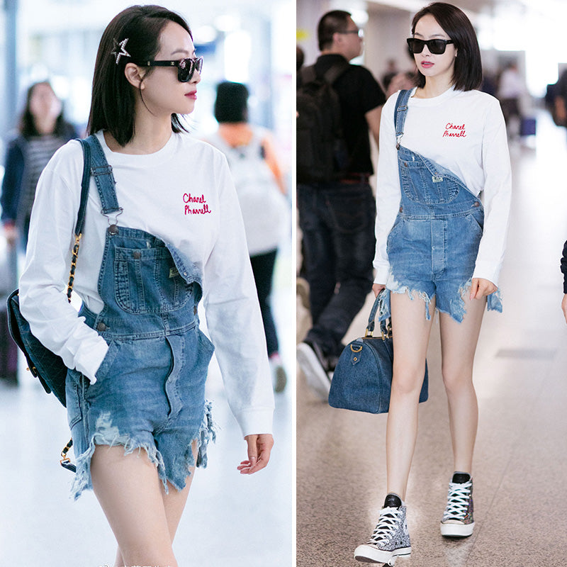 Ripped denim overalls