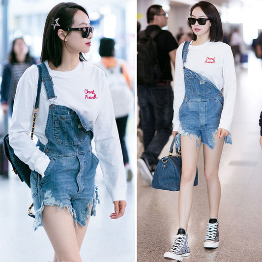 Ripped denim overalls