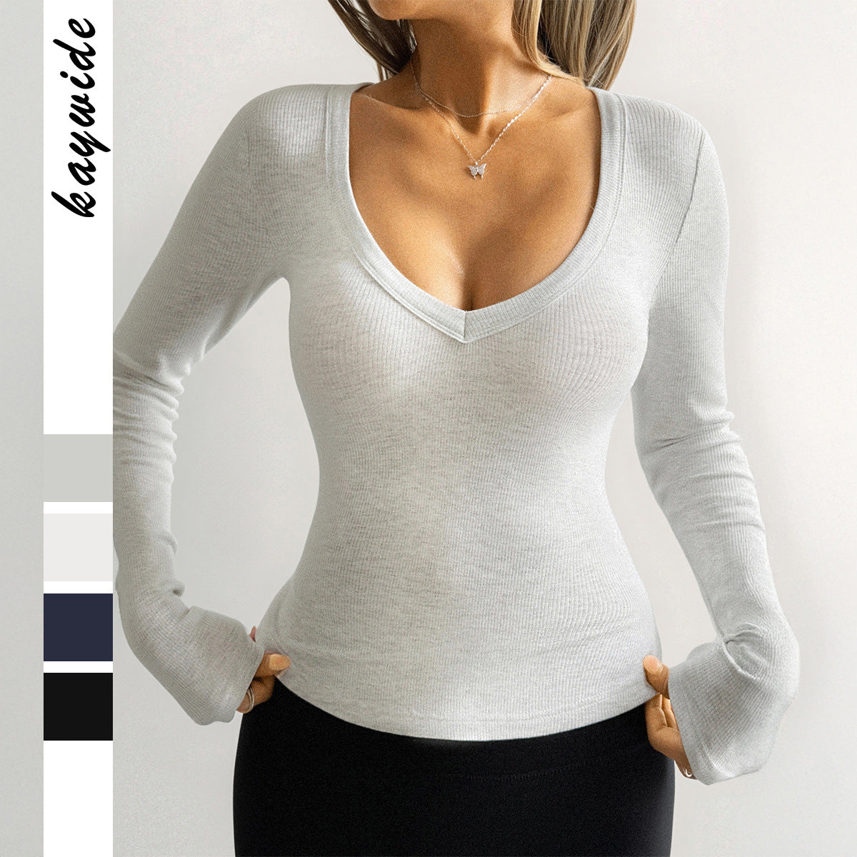 Women's Solid Color And V-neck Long-sleeved Vest T-shirt