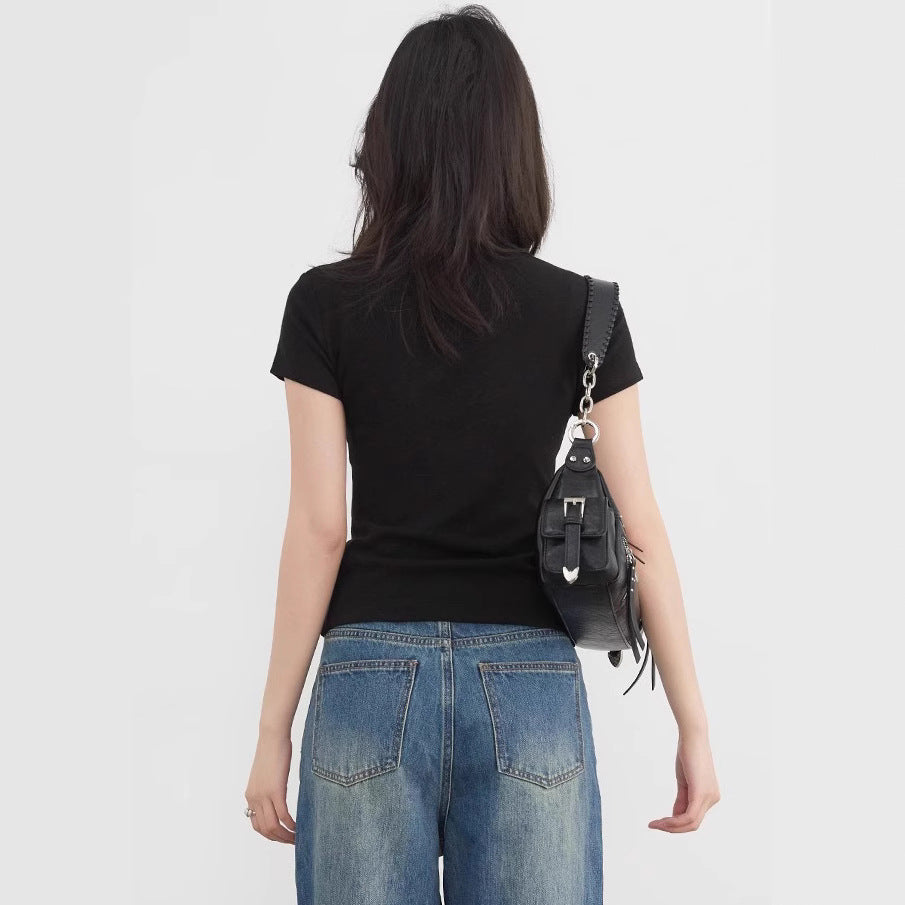 Women's Shoulder Round Neck Short Sleeve Inner Bottoming Top