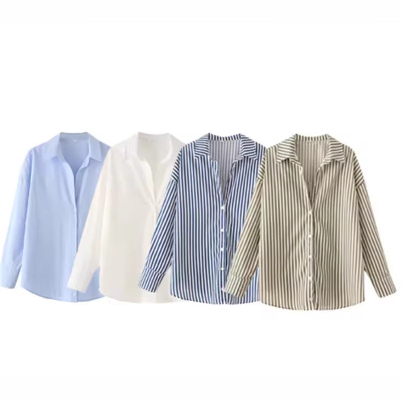 European And American Style Long Sleeve Lapel Loose Striped Poplin Shirt