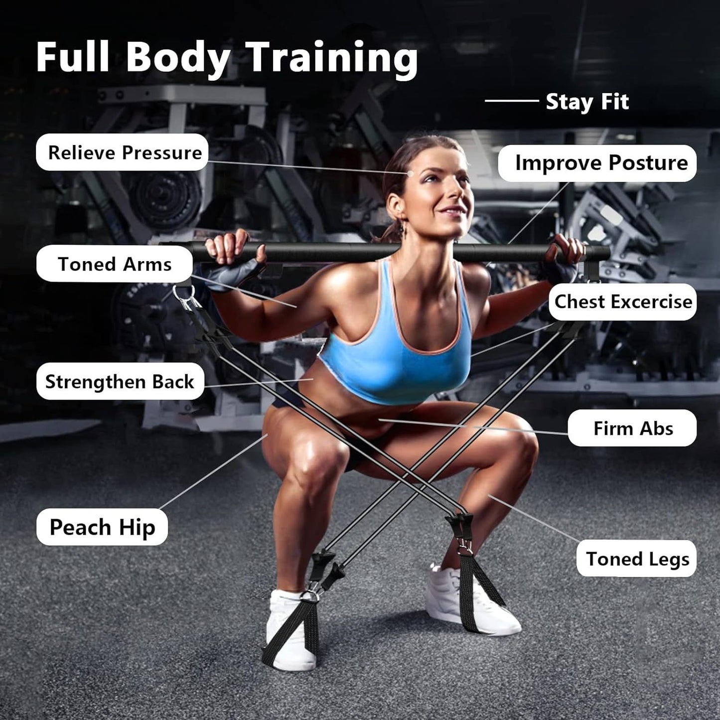 Pilates Bar Suit With Multifunction Resistance Band Pulling Rope Yoga Fitness