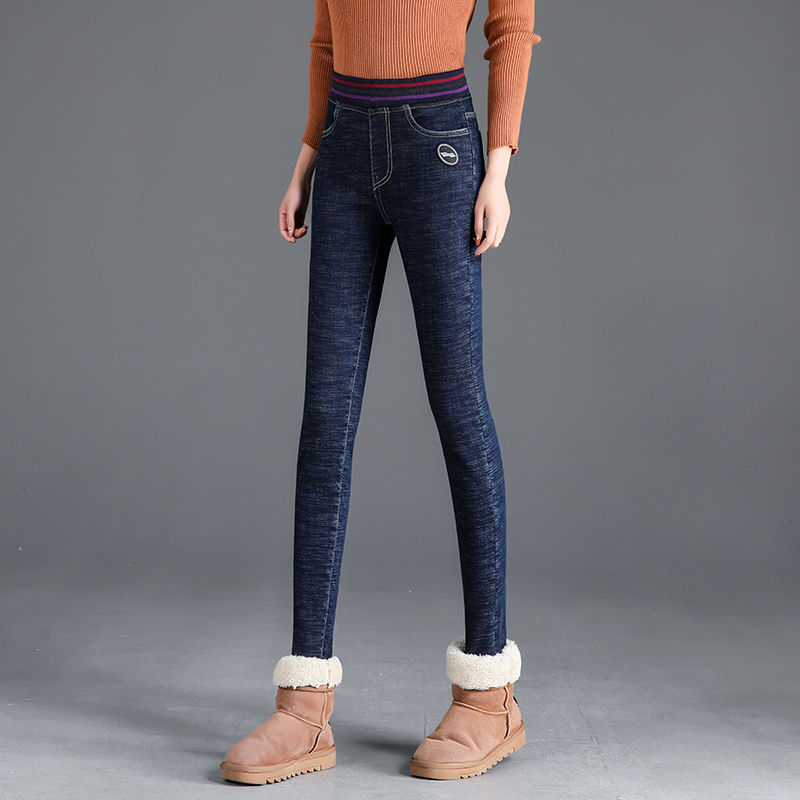Women's warm stretch and velvet elastic waist jeans for winter