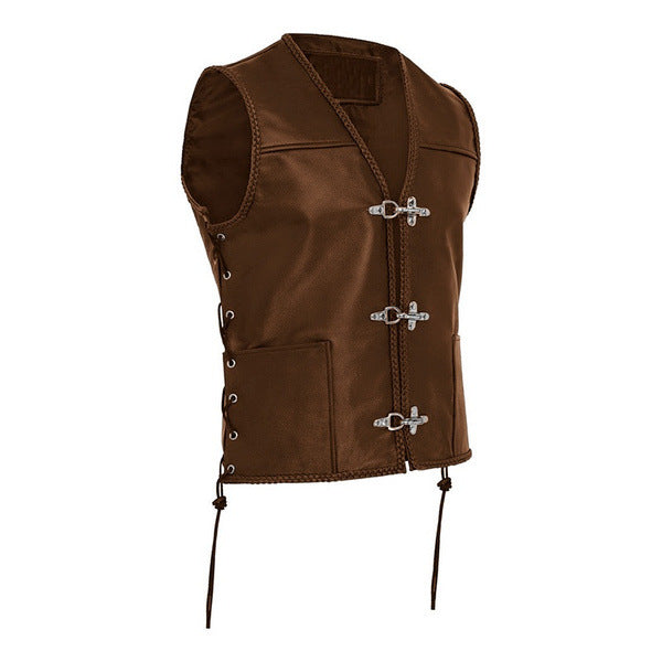 Men's Leather Vest V-neck Single-breasted Side Straps Short Sleeveless Top