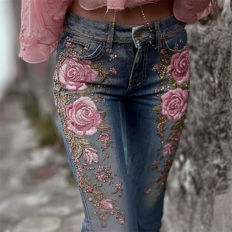 Womens Colorful Floral Faux Denim Pants