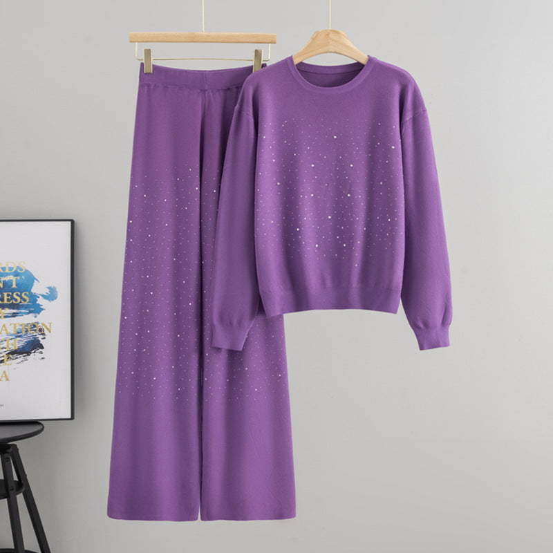 Starry Hot-Stone Round-Neck Pullover Knit Set