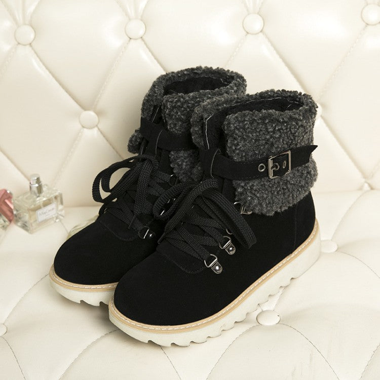 Women's Flanged Lace Belt Buckle Side Zipper Warm Snow Boots