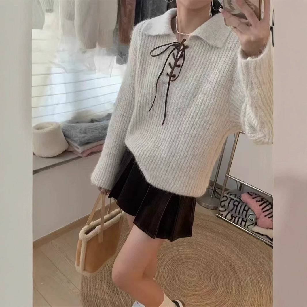 Loose Top Vintage Lace-up Polo Collar Women's Sweater