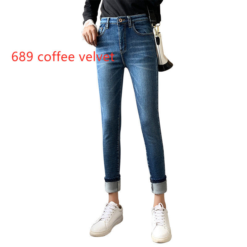 Women's Retro Blue Skinny Pants With Fleece Feet