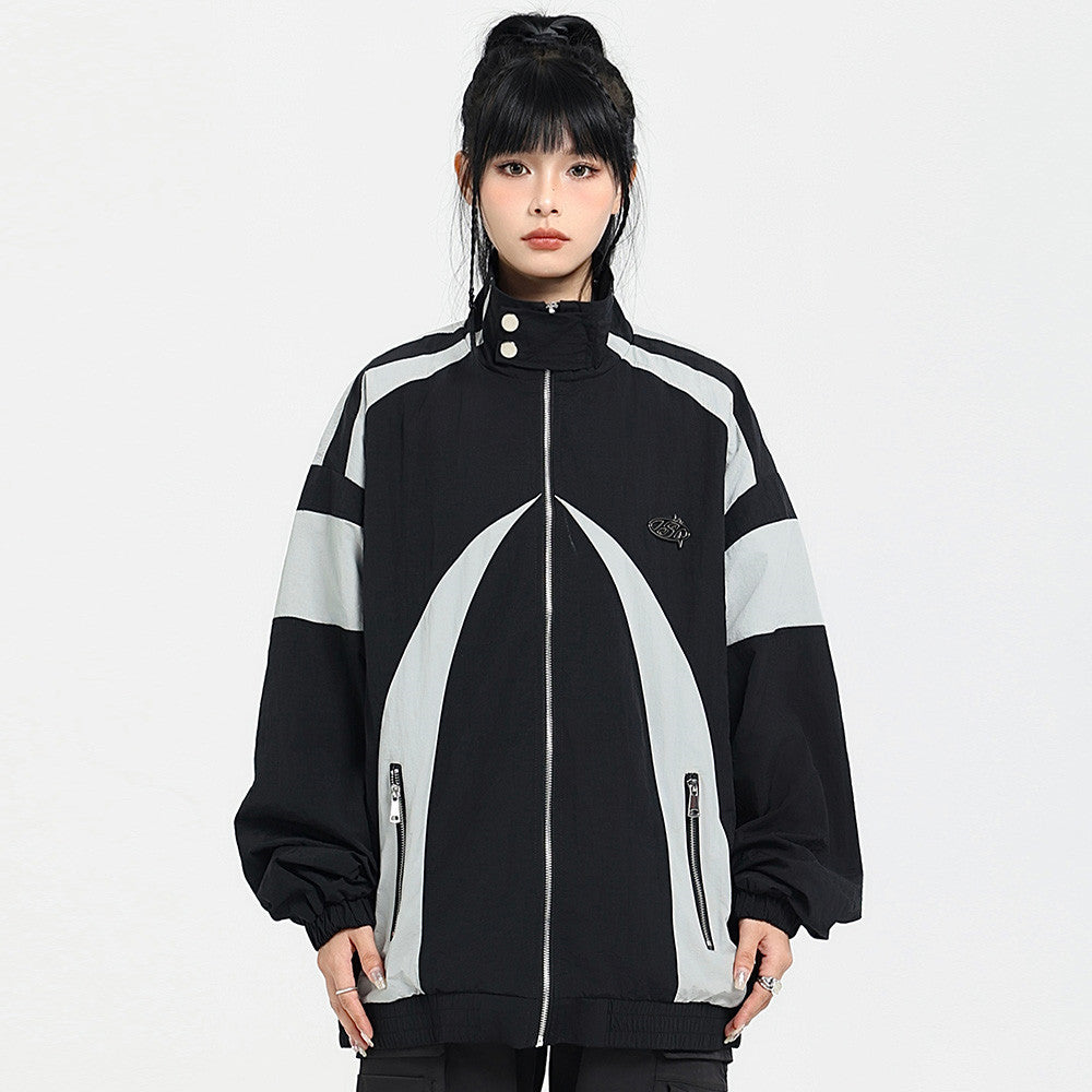 American Fashion Brand Color Contrast Patchwork Racing Suit Stand Collar Jacket