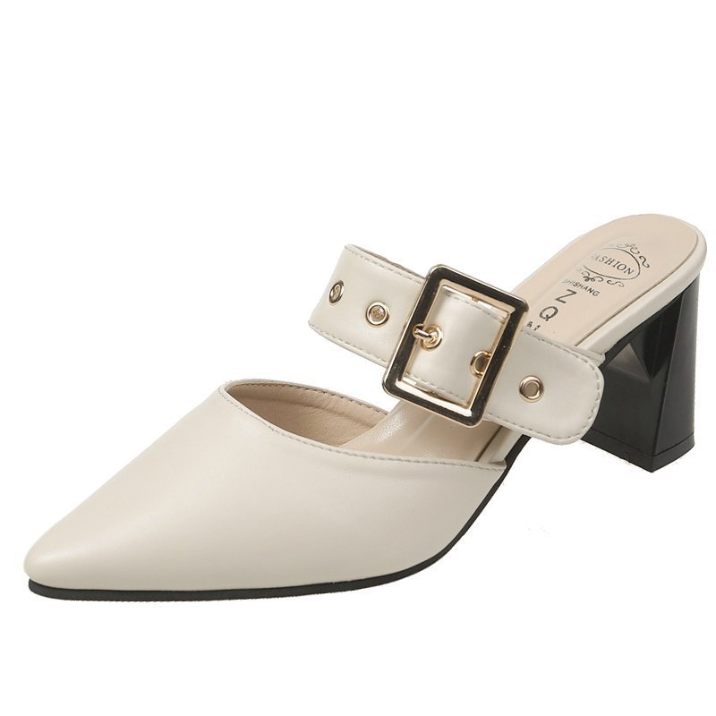 New Fashion Belt Buckle Pointed Thick Heel Mid Heel Muller Sandals And Slippers