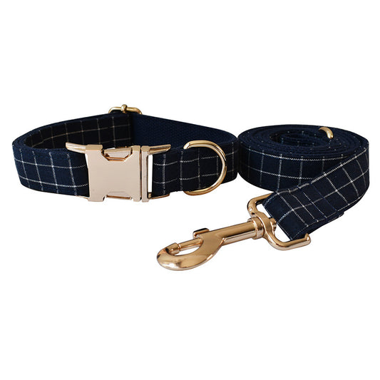 Navy Blue Plaid Gold Button Dog Collar Alloy Buckle