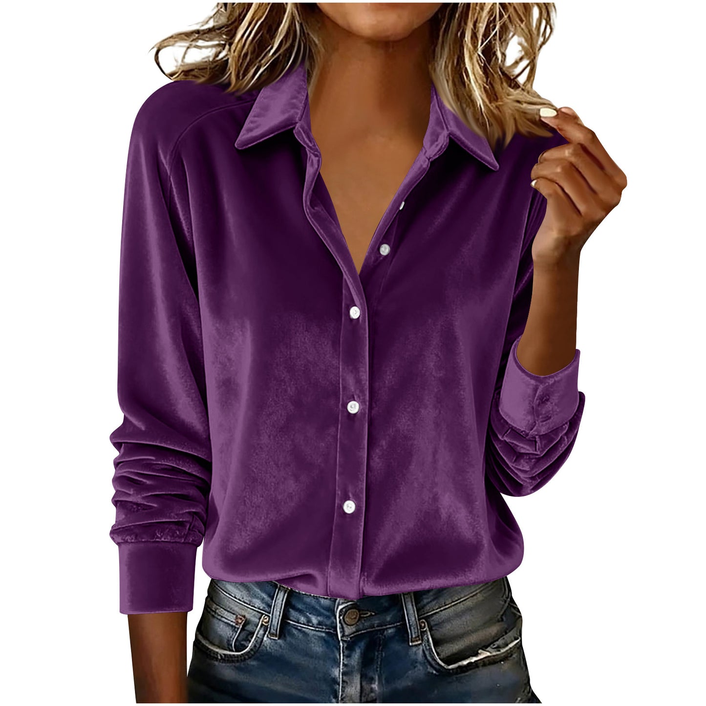 Versatile Solid-color Gold-velvet Shirt With A Lapel Collar