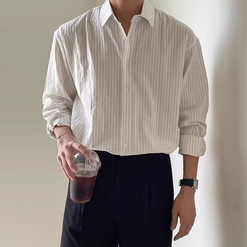 Men's Casual Loose-Fit Long-Sleeve Vertical-Striped Shirt