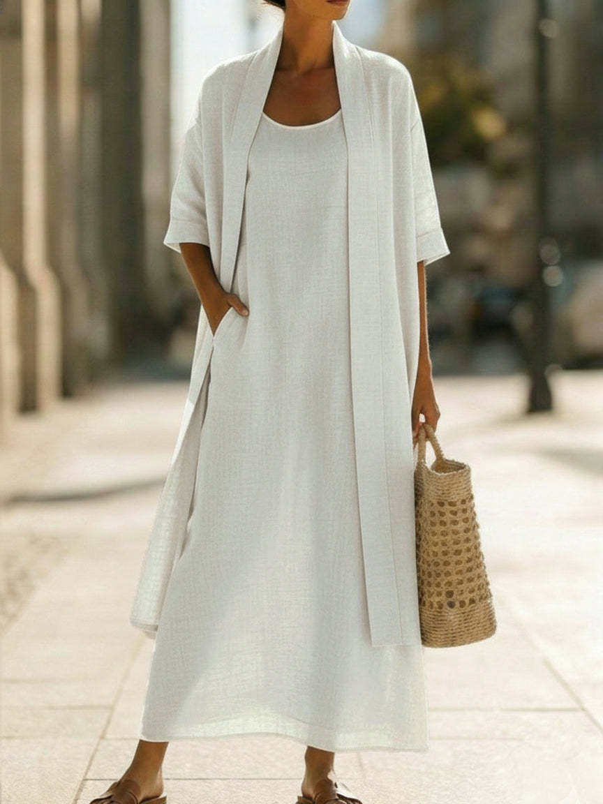 Womens Simple, Loose, Comfortable, Fashionable Cotton-Linen Two-Piece Dress Set