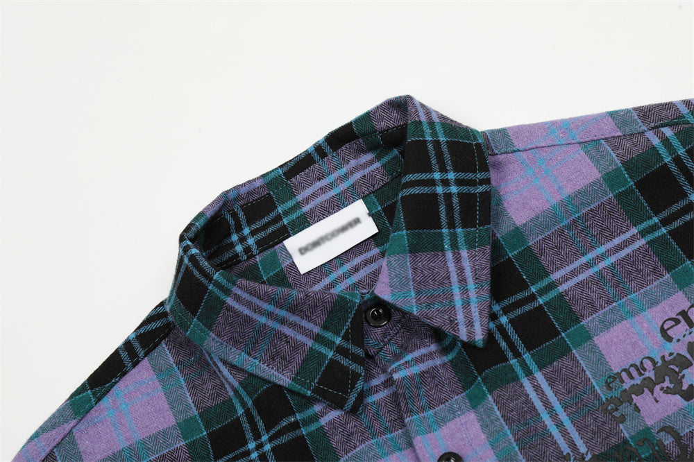 Plaid Long Sleeve Shirt Men's Letter Printed Cardigan
