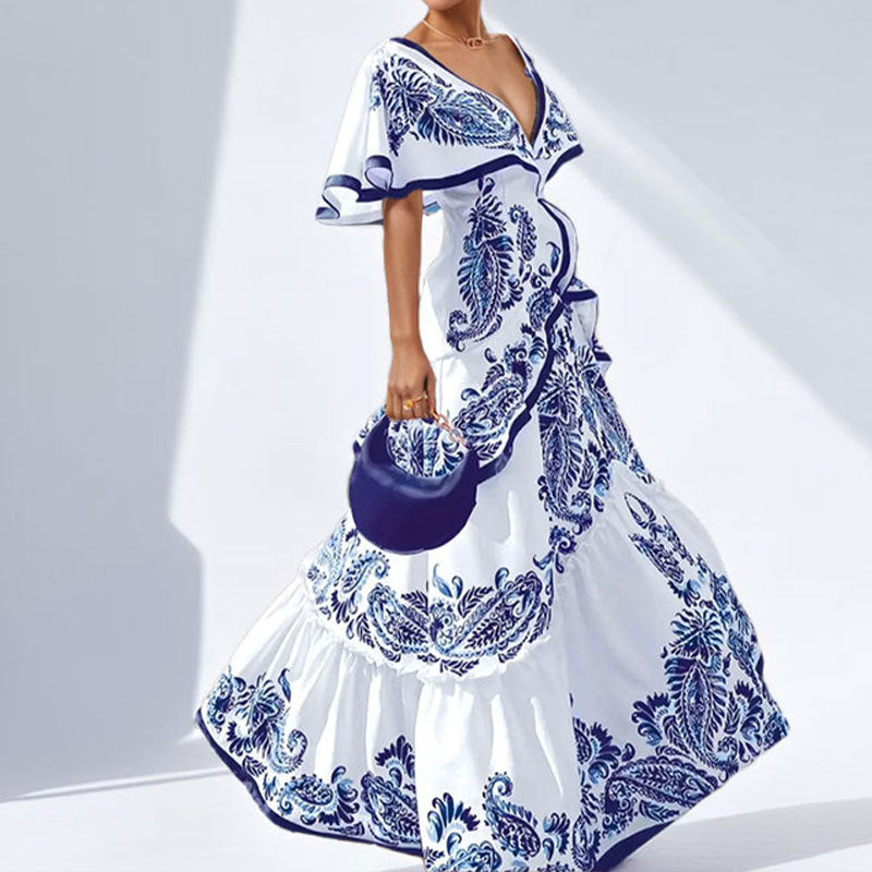 Elegant Chic Womens Printed V-neck Dress